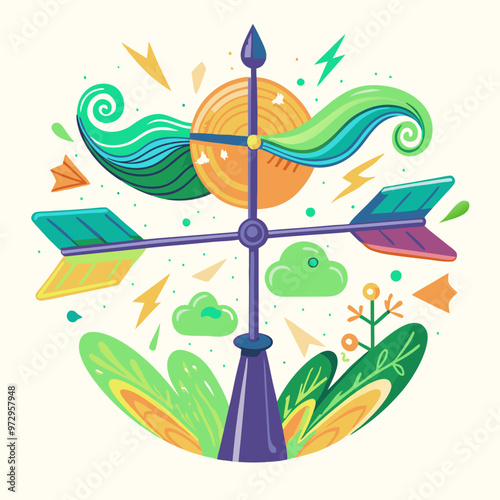 Abstract weather vane with vibrant natural elements and directional arrows