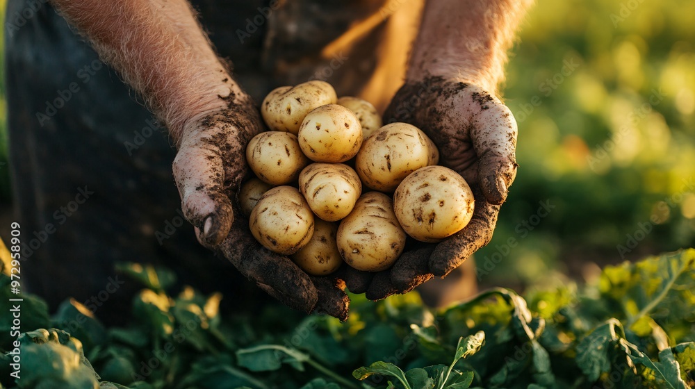 Farmer's Hands Holding Freshly Harvested Potatoes in a Scenic Field Farmer's Hands Holding Freshly Harvested Potatoes in a Scenic Field