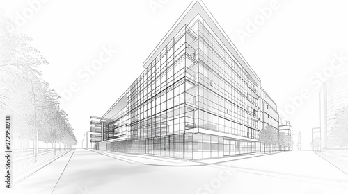 Modern Architecture building construction perspective design, building sketch line drawing on white background