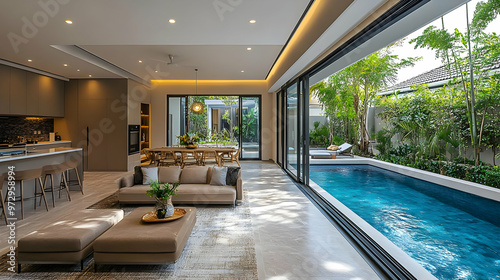 Modern living room with an open view to a pool and garden. photo