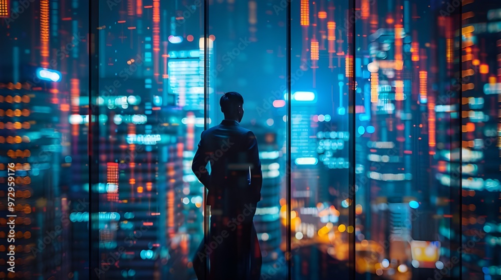 Silhouette of businessman standing in front of the glass wall and looking at the night city. - Generated AI Silhouette of businessman standing in front of the glass wall and looking at the night city. - Generated AI