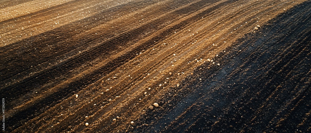 Golden Harvest: Aerial View of Bountiful Potato Field with Freshly Dug Produce on Rich Soil under Clear Skies Golden Harvest: Aerial View of Bountiful Potato Field with Freshly Dug Produce on Rich Soil under Clear Skies