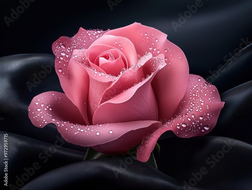 A delicate pink rose adorned with dewdrops on a dark satin background.