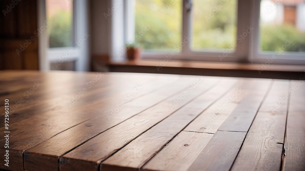 Closeup of a rustic wooden table with a blurred window background. Closeup of a rustic wooden table with a blurred window background.