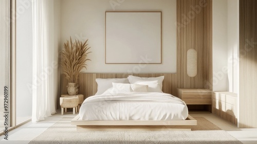 A modern Nordic bedroom with a platform bed, white linens, and light wood furniture, complemented by a neutral color palette and minimalistic decor.