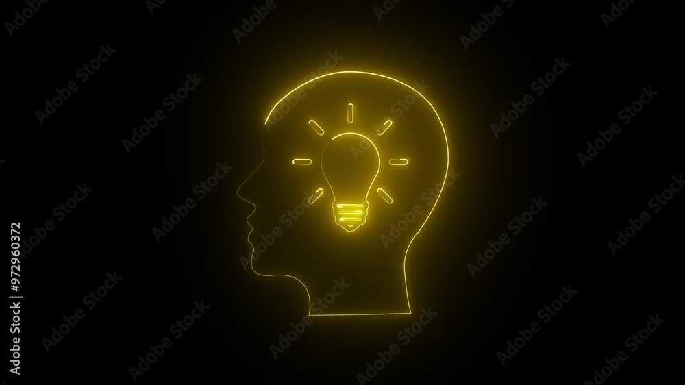 Glowing neon line Human head bulb icon on black background. Glowing neon line Human head bulb icon on black background.