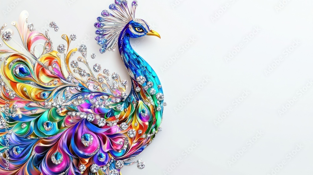 Close-up of a peacock decorated with intricate jewelry and sparkling diamonds, creating an elegant and abstract design on a white background
