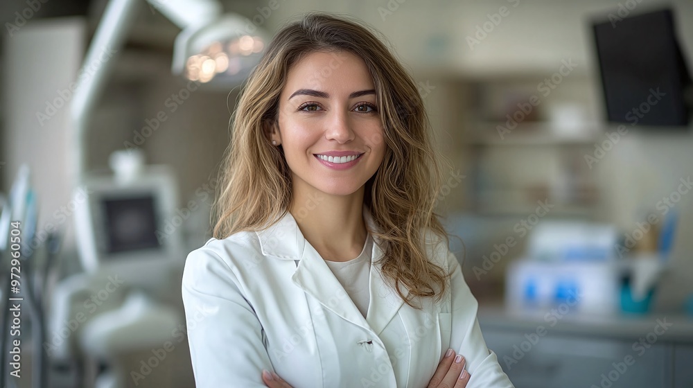 portrait of a skilled female dentist in her office, reflecting a calm and welcoming dental care environment for patients portrait of a skilled female dentist in her office, reflecting a calm and welcoming dental care environment for patients