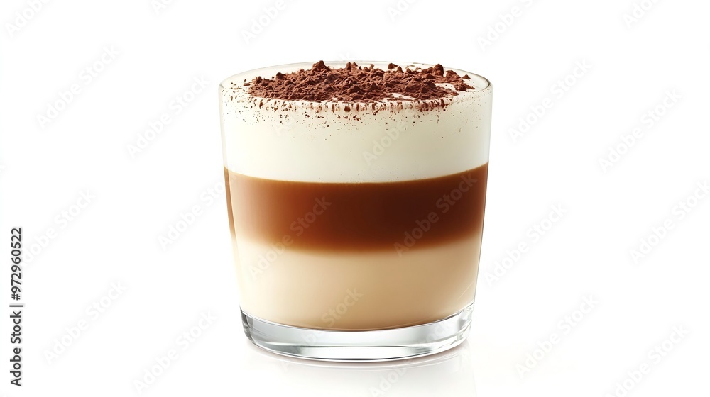 Rich Creamy Cappuccino with Delicate Foam Layer, Dusting of Cocoa Powder on Clean White Background, Deep Brown Drink Forming Stark Contrast. Rich Creamy Cappuccino with Delicate Foam Layer, Dusting of Cocoa Powder on Clean White Background, Deep Brown Drink Forming Stark Contrast.