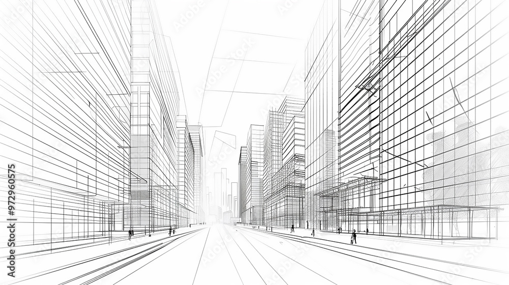 A city street with tall buildings and a large empty road A city street with tall buildings and a large empty road