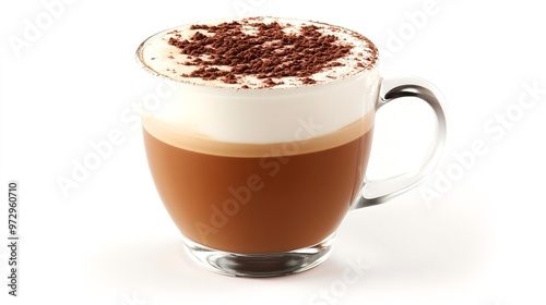 Rich Creamy Cappuccino with Delicate Foam Layer, Dusting of Cocoa Powder on Clean White Background, Deep Brown Drink Forming Stark Contrast. 