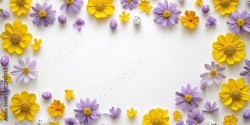 Flowers composition. Yellow and purple flowers on white background. Easter, spring, summer concept. Flat lay, top view