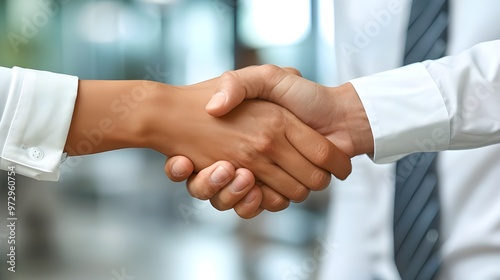 Business people shaking hands, finishing up a meeting or negotiation, close-up - Generated AI