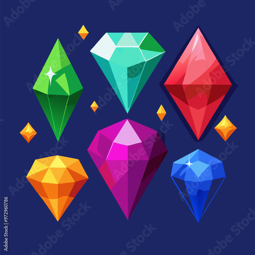 Precious gemstones, color crystal stones. Vector cartoon set of shiny gems, ruby, diamond, amethyst and emerald. Game icons of magic jewel crystals isolated on background