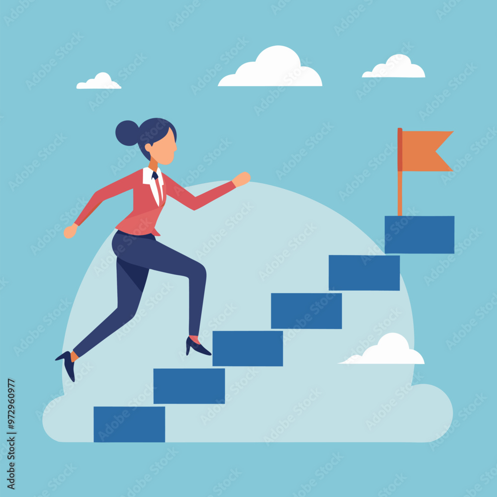 Career development banner. Concept of self build career, personal growth, professional progress. Vector landing page with cartoon illustration of business woman run up stair to top Career development banner. Concept of self build career, personal growth, professional progress. Vector landing page with cartoon illustration of business woman run up stair to top