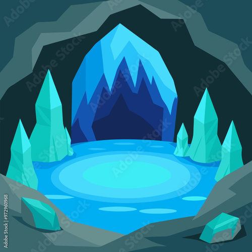 Underground rocky cave with water and blue crystals. Vector cartoon illustration of empty stone cavern with stalactites and lake or river. Old mountain grotto inside