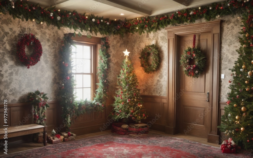 Fototapeta premium Festive Interior Decorated for Christmas with Two Trees, Bench,