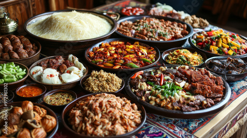 Traditional Mongolian feast, a spread of dishes including khorkhog and buuz, colorful and hearty photo