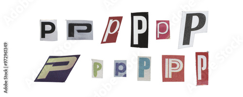 Set of isolated cut-out letter “P” from magazines on a transparent background, retro y2k style