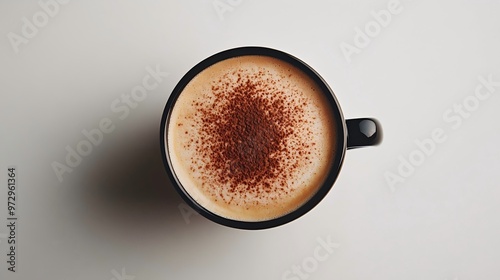 Rich Creamy Cappuccino with Delicate Foam Layer, Dusting of Cocoa Powder on Clean White Background, Deep Brown Drink Forming Stark Contrast. 