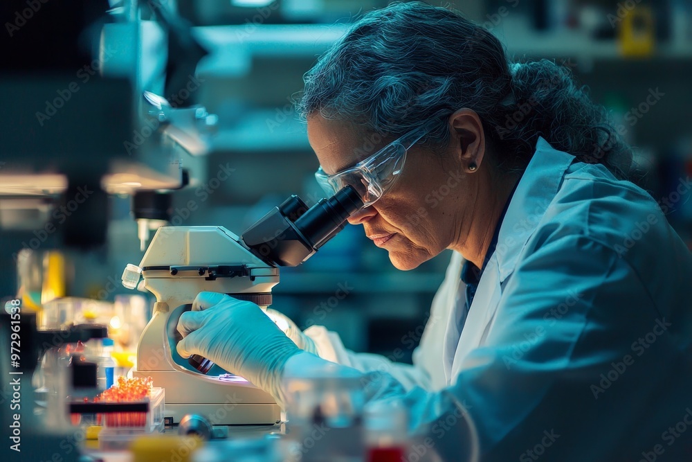 A scientist examining cells under a microscope in a lab, searching for a breakthrough in cancer research A scientist examining cells under a microscope in a lab, searching for a breakthrough in cancer research