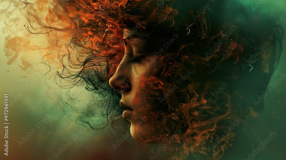 A woman's face emerges from swirling smoke, her closed eyes suggesting a dreamlike state. A woman's face emerges from swirling smoke, her closed eyes suggesting a dreamlike state.