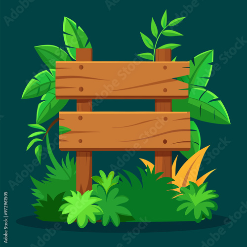 Wooden signboard with jungle plants. Cartoon vector illustration set of game ui design frame and text boxes with green leaves, liana vines and tropical flowers. Signage banner with wood texture.