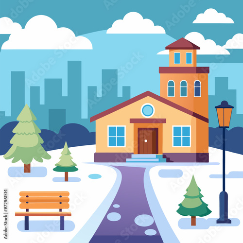 School building and yard covered with snow in winter. Cartoon vector city snowy outside landscape with education house, courtyard with trees and bench on pavement, road with crosswalk and sign.