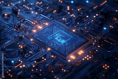 Advanced digital AI chip glowing in the center of a blue circuit board, surrounded by abstract connections and intricate lines, symbolizing cutting-edge computing technology.