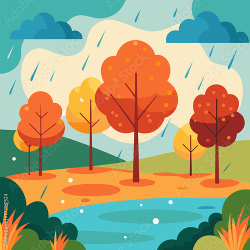 Autumn forest landscape with orange leaf on trees and falling, lake and green grass on shore under rain droops. Cartoon vector fall season scenery of woodland with pond in rainy cloudy weather.