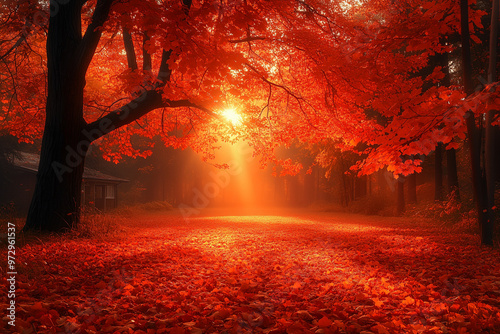 Autumn forest background in vibrant orange and red colors_3