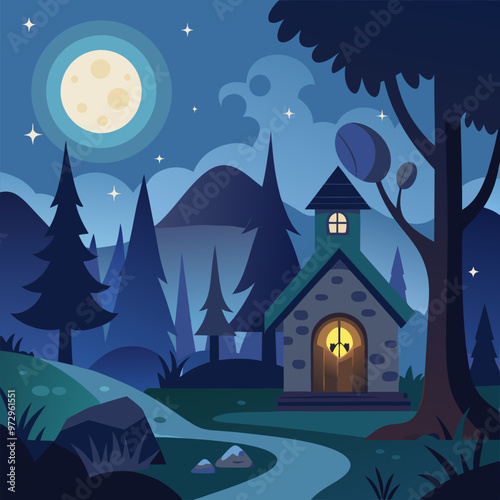Night magic forest with witch house dark landscape. Halloween scary and mystic scene with old fantasy hut for hobbit. Mystery fairytale nighttime panorama illustration. Cottage exterior on moonlight