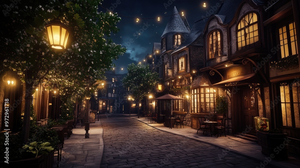 Obraz premium A nighttime view of a historic street with charming old buildings, softly lit by street lamps and creating a nostalgic and atmospheric scene.