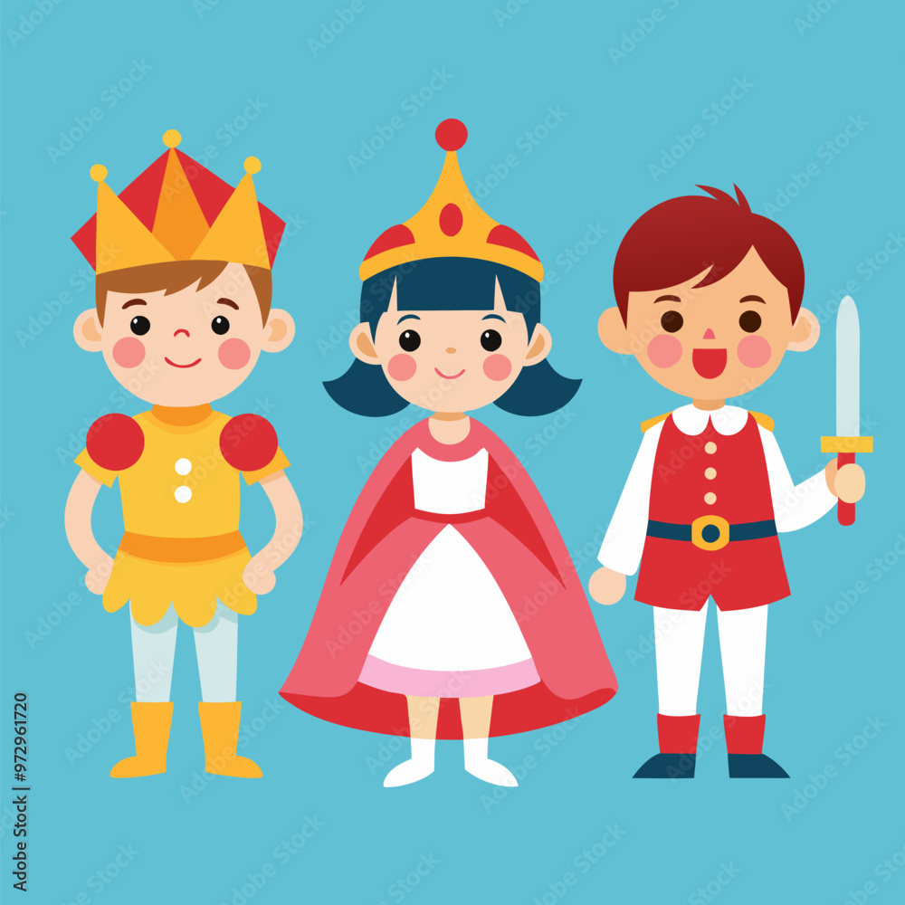 Kids in carnival costume. Cartoon vector cute children dressed in fairytale clothes. Little girl princess in pink puffy dress, red shoes and golden crown on head. Boy knight with sword and cloak. Kids in carnival costume. Cartoon vector cute children dressed in fairytale clothes. Little girl princess in pink puffy dress, red shoes and golden crown on head. Boy knight with sword and cloak.