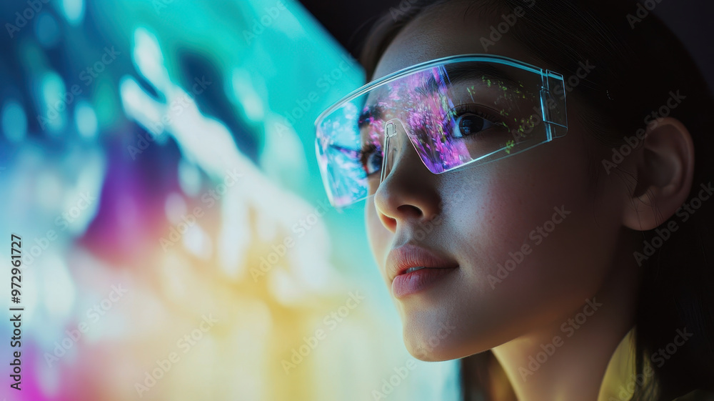 Augmented biography experience showcases young woman wearing futuristic glasses, immersed in vibrant digital environment. scene captures her curiosity and engagement with technology Augmented biography experience showcases young woman wearing futuristic glasses, immersed in vibrant digital environment. scene captures her curiosity and engagement with technology