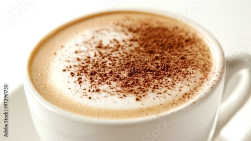 Rich Creamy Cappuccino with Delicate Foam Layer, Dusting of Cocoa Powder on Clean White Background, Deep Brown Drink Forming Stark Contrast. 