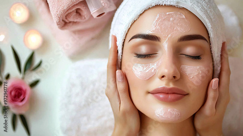 A woman receiving a relaxing facial treatment with spa products and gentle hands in focus. 