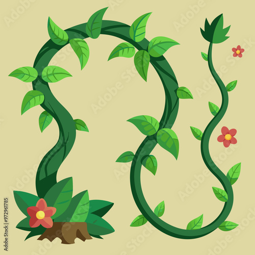 Jungle liana creeping vines with leaves and flowers formed in rectangle and circle frames for game ui design. Cartoon vector set of borders made of rainforest plant branches with tropical greenery.