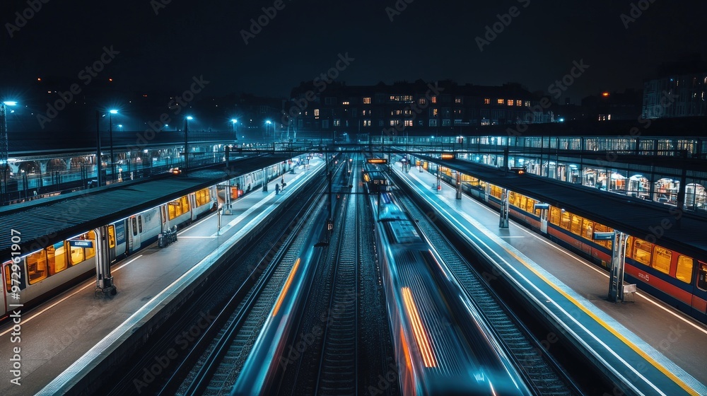 Fototapeta premium A nighttime view of a train station illuminated with bright lights, with trains and passengers moving through the platform, showcasing the station's activity after dark.