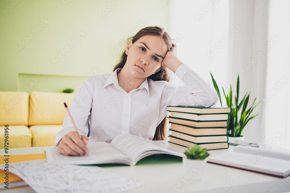 Photo portrait of teen cute daughter tired sleepy stressed wear uniform remote education home schooling isolated indoors background Photo portrait of teen cute daughter tired sleepy stressed wear uniform remote education home schooling isolated indoors background