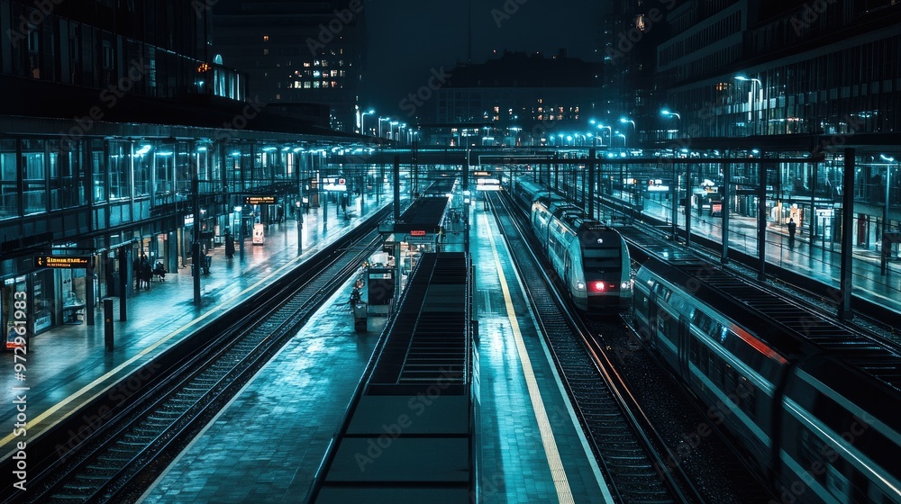 A nighttime view of a train station illuminated with bright lights, with trains and passengers moving through the platform, showcasing the station's activity after dark. A nighttime view of a train station illuminated with bright lights, with trains and passengers moving through the platform, showcasing the station's activity after dark.
