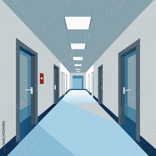 Long hall interior in hospital, office or house. Mockup of empty corridor with white walls, door and ceiling lamps in perspective view, vector realistic illustration