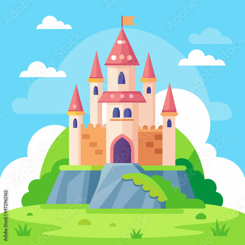 Princess castle fairytale landscape background. Magic medieval fairy tale kingdom palace building on green grass meadow with rock in fantasy valley. Summer wonderland nature with ancient king chateau