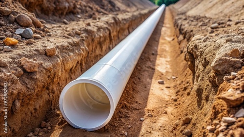 PVC pipe in trench ready for installation into home well water system, PVC, pipe, trench, installation, home, well, water