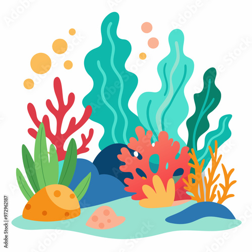 Seaweed and coral, color underwater plant cartoon vector isolated illustrations. Ocean reef life, aquarium algae on white background