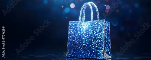 Shimmering blue shopping bag with sparkling glitter, perfect for showcasing style and elegance in fashion photography.