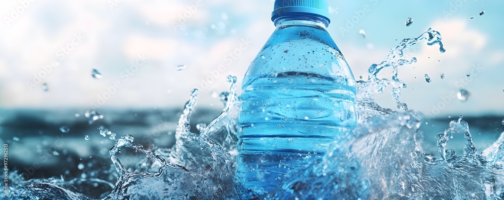 Splashing water bottle amidst waves, highlighting freshness, hydration, and outdoor adventure. Splashing water bottle amidst waves, highlighting freshness, hydration, and outdoor adventure.