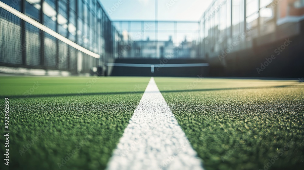 A close-up view of a sports court with a clear line marking the center. A close-up view of a sports court with a clear line marking the center.