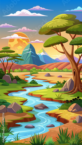Savannah with river, acacia trees and mountains on horizon. Vector cartoon illustration of african savanna with green grass, water stream and stones. Desert landscape with oasis