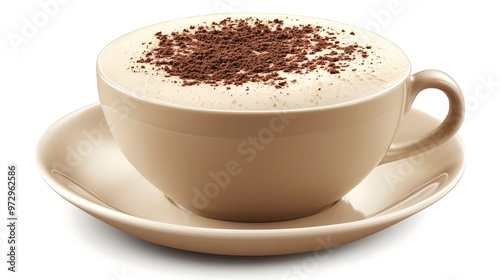 Rich Creamy Cappuccino with Delicate Foam Layer, Dusting of Cocoa Powder on Clean White Background, Deep Brown Drink Forming Stark Contrast. 